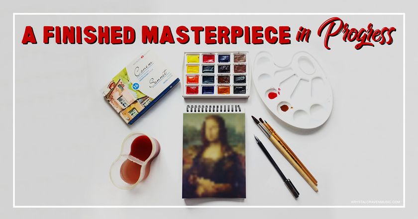 Devotional title text overlaying a lay flat arrangement of painting supplies and a blurry painting of the Mona Lisa.