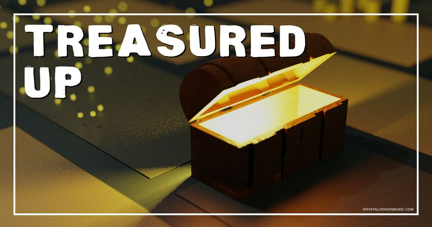 Devotional title overlaying a treasure chest with a glowing light coming from inside of it and stringed lights blurred in the background.