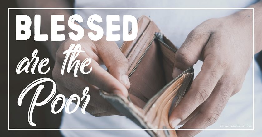 The devotional title text "Blessed are the Poor" overlaying the image of a person's hands holding open an empty wallet.