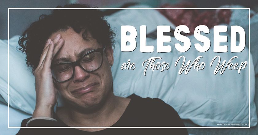 The devotional title text of "Blessed are Those Who Weep" overlaying a woman sitting on the floor next to a bed weeping.