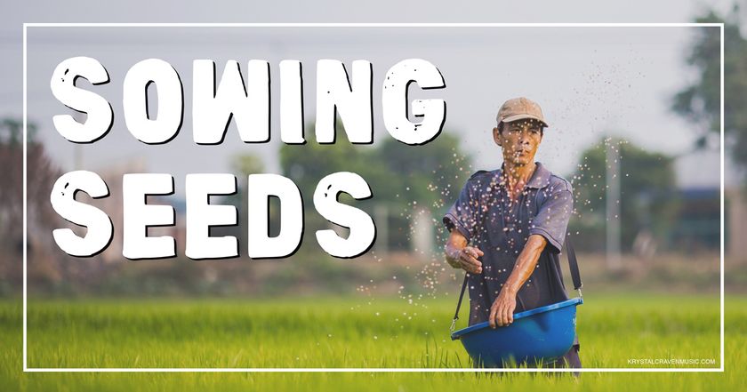 Devotional title text of "Sowing Seeds" overlaying a man in a field with a large bucket, throwing a large handful of seeds.