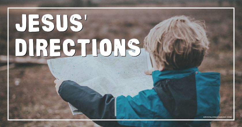The devotional title text of "Jesus' Directions" overlaying the backside of a little boy in a blue and black jacket holding a map up.
