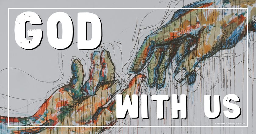 Devotional title text of "God With Us" overlaying a multicolored watercolor of two hands reaching towards each other and the pointer fingers touching.