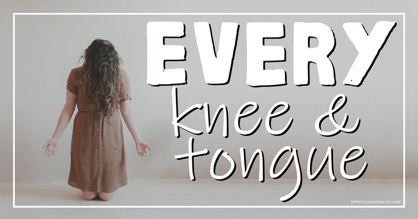 Devotional title text of "Every knee and tongue" overlaying a woman in a brown dress with her head bowed and her hair covering her face as she's on her knees and holding her open hands out to her sides.