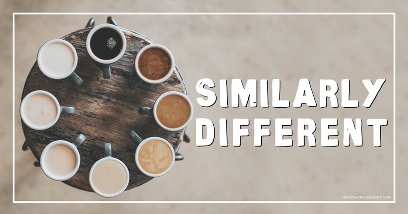 The devotional title text, "Similarly Different" overlaying a top down picture of eight coffee cups filled with coffee, ranging from black to varying levels of creamer with each cup.