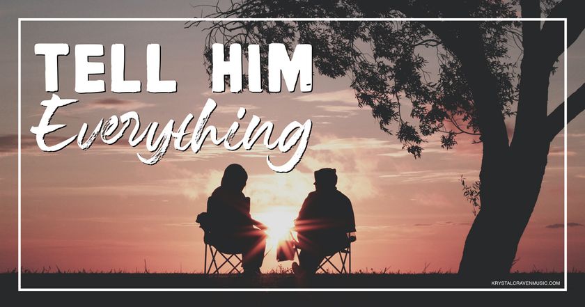 The devotional title text of, "Tell Him Everything" overlaying a silhouette of two people sitting under a tree with the sun setting in the background.