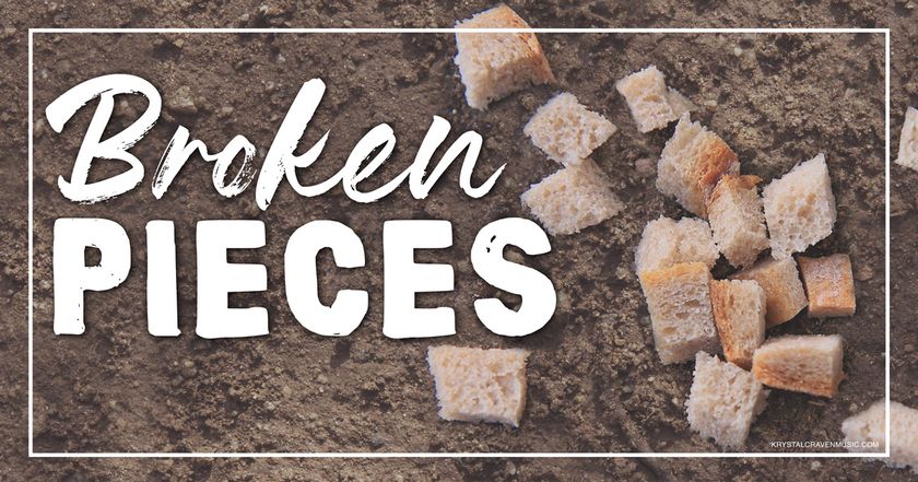 The devotional title text of "Broken Pieces" overlaying broken pieces of bread laying on dirt.