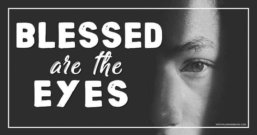 The title text "Blessed are the Eyes" to the left of a person's face heavily shadowed, except for a sliver of light revealing the area around the left eye.