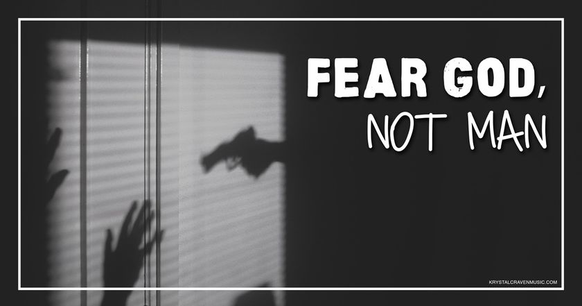 The title text "Fear God, Not Man" over a wall with the shadow of a gun and another shadow of hands held up.