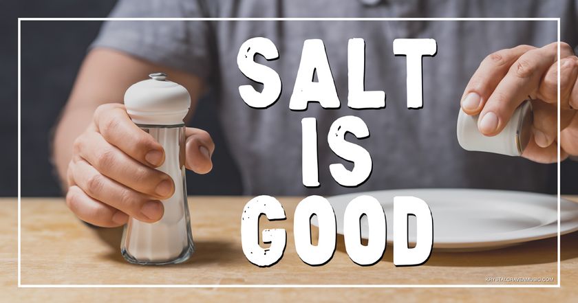 The title text "Salt is Good" over a hand holding a filled salt shaker on a table.