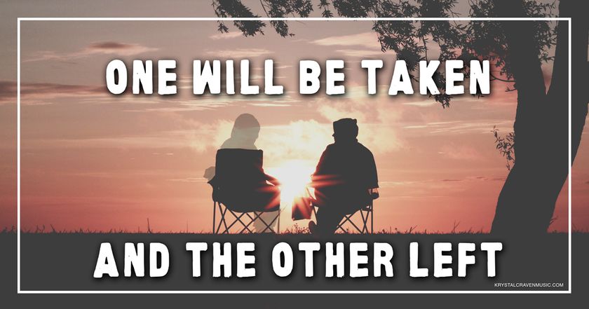 The title text "One Will Be Taken and the Other Left" over an image of two people sitting in chairs with one of the people somewhat transparent.