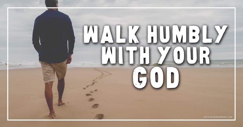 The title text "Walk Humbly With Your God" over a picture of a man walking on a beach next to a set of footprints.