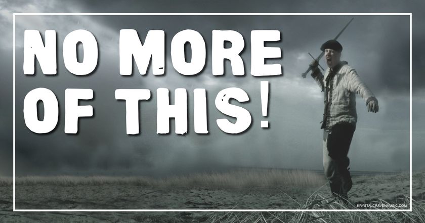 A man holding a sword in an aggressive posture with the words "No More of This!" overlaying the image.