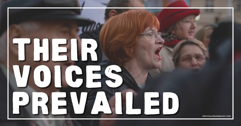 A group of people in what appears to be a protest, focused on a woman with red hair yelling or chanting with the words "Their Voices Prevailed" overlaying the image.
