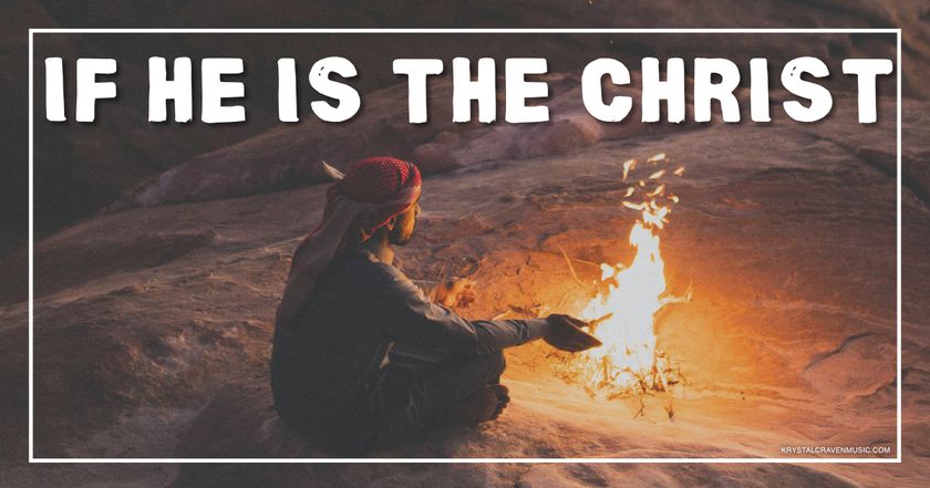 A man wearing a turbin sitting in the desert with palms held out towards a fire. Overlaying the image are the words "Father Forgive Them".