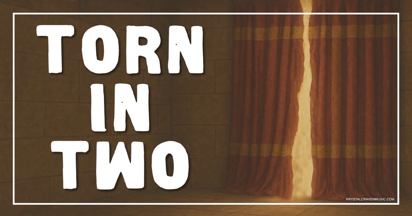 A curtain ripped in two over with a golden glow shining between the two pieces. Overlaying the image are the words "Torn in Two".