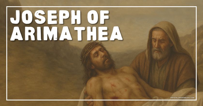 A depiction of an older man in a hood holding the crucified body of Jesus. Overlaying the image are the words "Joseph of Arimathea".