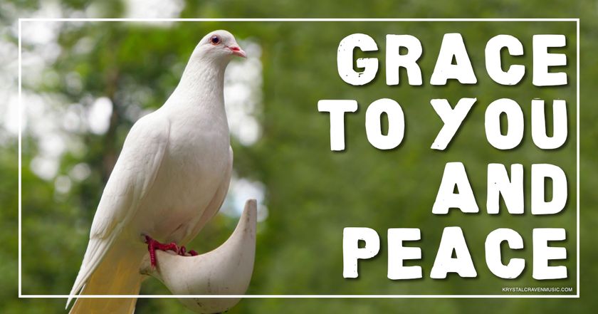 An image of a dove resting on a perch with a green background. Overlaying the image are the words "Grace to You and Peace".