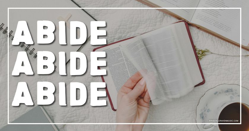 A bible on a table being opened by a hand. Overlaying the image are the words "Abide, Abide, Abide".