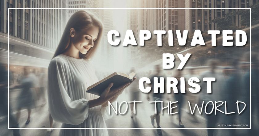 A woman looking at a Bible dressed in a white garment with her face lit by light emanating from the Bible. Around her is a city scene with motion blurred people walking around her. Overlaying the image are the words "Captivated by Christ, Not the World".