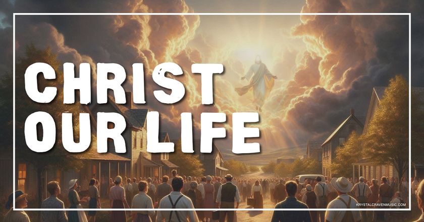 An old scene of people filled in a rural street where everyone is looking up at the sky with dark clouds separated in the middle with a man in white robe appearing in the clouds with light radiating from him. Overlaying the image are the words "Christ Our Life".