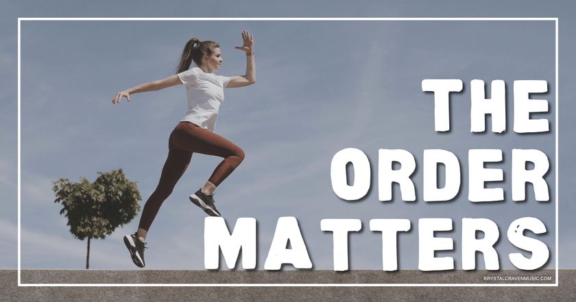 A woman is running and jumping with her foot pressing on the letter "M" of the word "Matters" in the stacked text "The Order Matters".