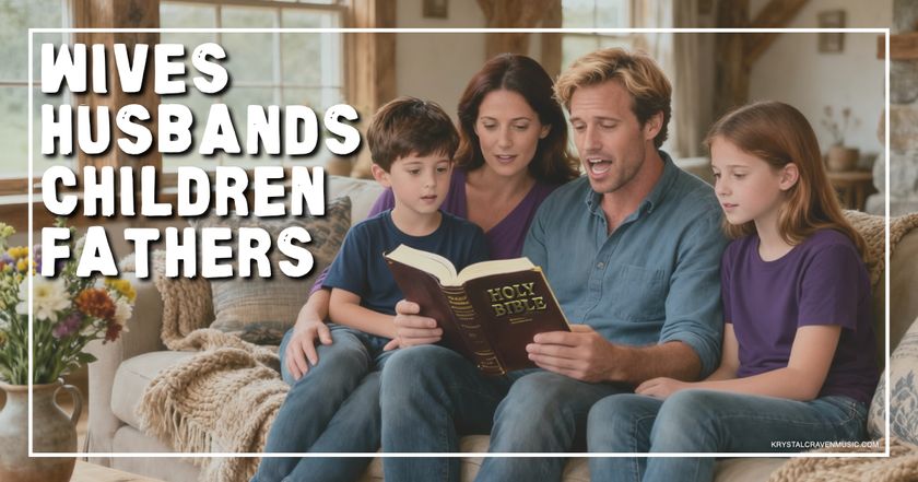A family sitting on a couch in a home with parents and two children reading a Bible together. Overlaying the image are the words "Wives, Husbands, Children, Fathers".