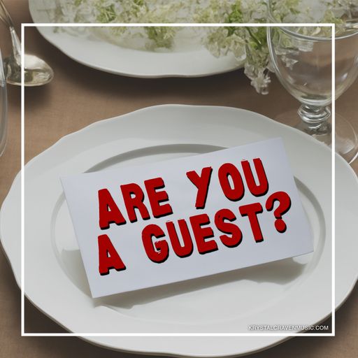 The title text "Are you a guest?" on a card set on a plate at a formal plate setting.