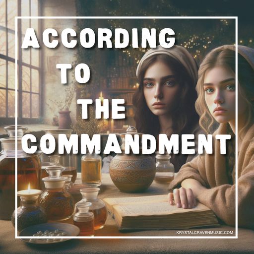 Two women sitting at a table with oils and perfumes. Overlaying the image are the words "According to the Commandment".
