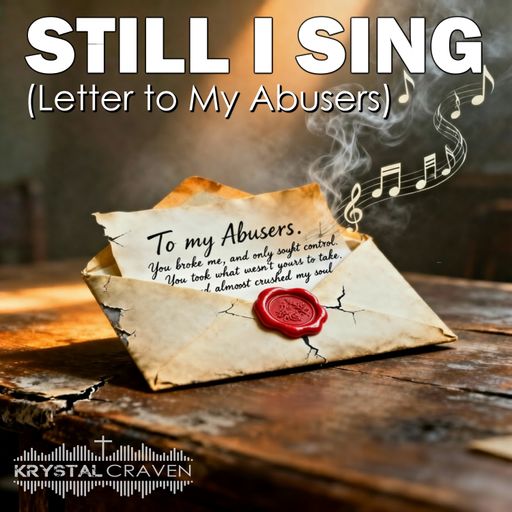 The words 'Still I Sing (Letter to My Abusers)' are written above an open envelope with a red wax seal and a letter poking out the top that is addressed 'To my abusers'. The letter is sitting on a wooden table with golden musical notes floating out from the envelope.